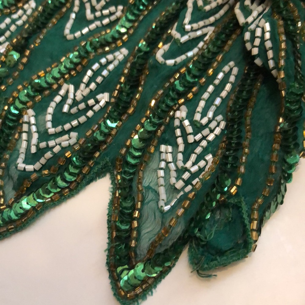 Sequin Green Beaded Short Sleeve Formal Top Elegant Green Beaded Top 80s Dynasty - Picture 14 of 16